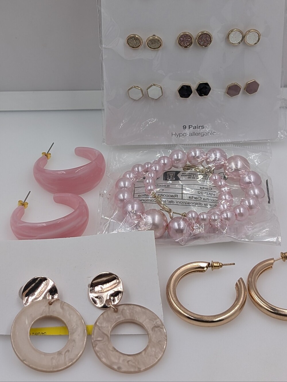 13-Pair Earring & Pearl Hoop Wardrobe Bundle | Pink Acrylic, Studs, Chunky Gold